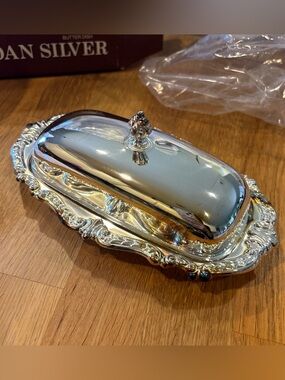 Silver-Tone Decorative Butter Dish with Ornate Tray